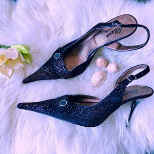 Black Suede with Silver Dots Super Pointed-Toe Slingback Pumps (38 Europ…